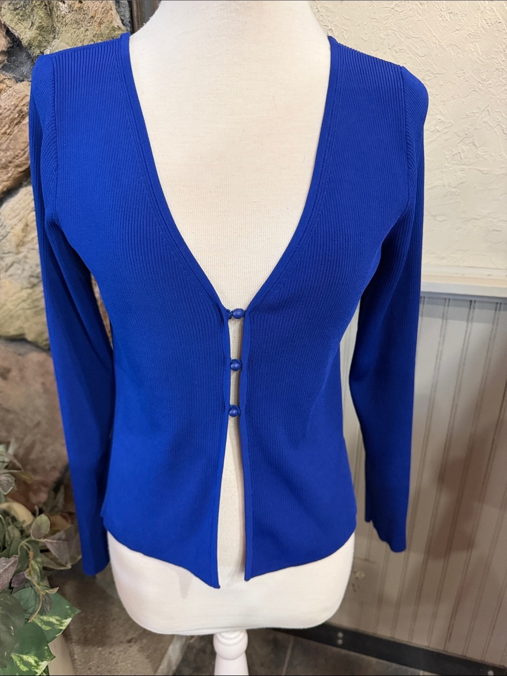 Express Royal Blue Ribbed Button-Front Cardigan